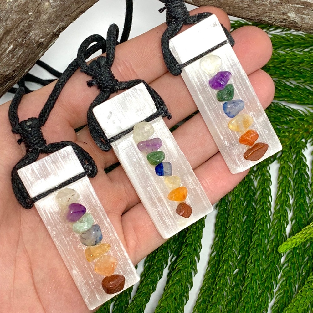 Selenite and 7 Chakra cystals on black cord